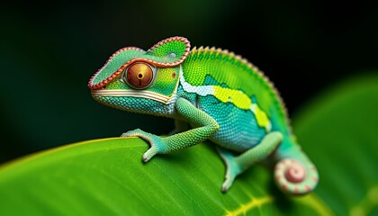 Fototapeta premium Colorful Chameleon Resting on Green Leaf with Intricate Skin Detail in Bright Light Exotic Reptile Wildlife Portrait
