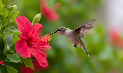 Fototapeta premium Tiny hummingbird drinking nectar from a giant vibrant hibiscus flower, Generative AI
