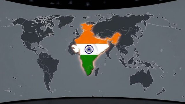 India map animated on the world map with the flag color