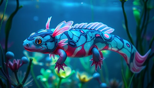 Cute Turquoise Lizard Swimming with Pink Accents among Seagrass and Colorful Flowers Undersea with Soft Lighting for Decoration