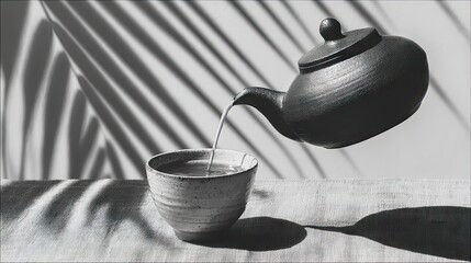 Tranquil moment of pouring tea into a ceramic cup with natural light and shadows