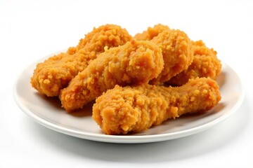 Crispy fried chicken strips on white background, high calorie, white