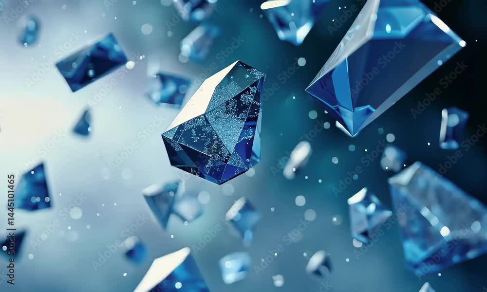 Poster floating blue crystals shimmer and reflect light against a dark backdrop, creating an enchanting atm