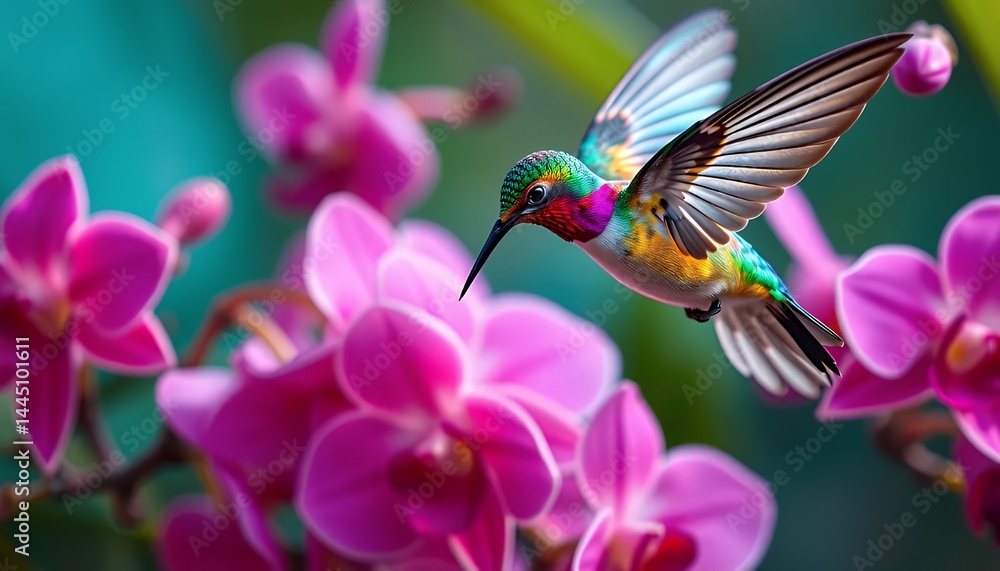 Poster hummingbird hovering near pink orchids against teal backdrop with a wide range of colors displaying 