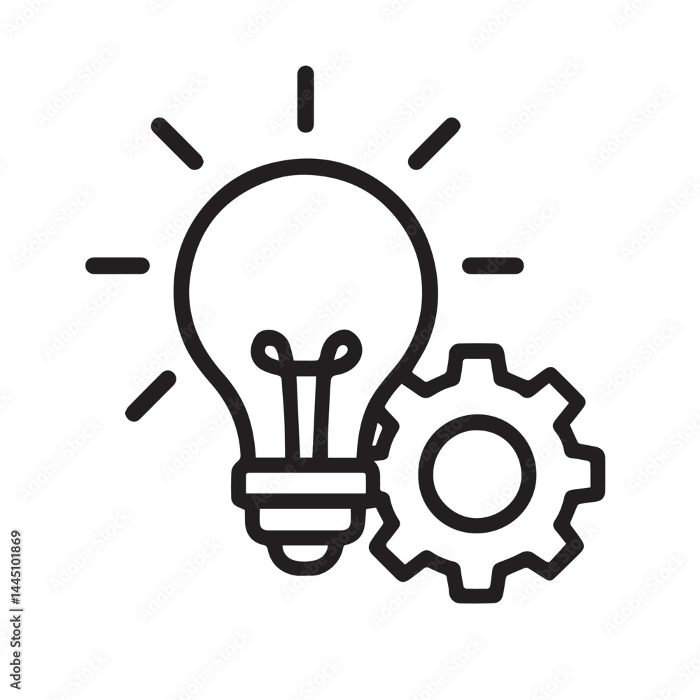 Poster idea and innovation: a graphic rendering showcases a light bulb radiating illumination, interlocked 