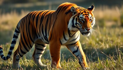 Fototapeta premium Magnificent Bengal Tiger Walking Through Green Grassland with Vibrant Light Striking Orange and Black Stripes Defined Against Backdrop Perfect For Decoration or Conservation Theme