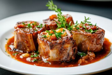 Osso buco dish served on a plate with garnish