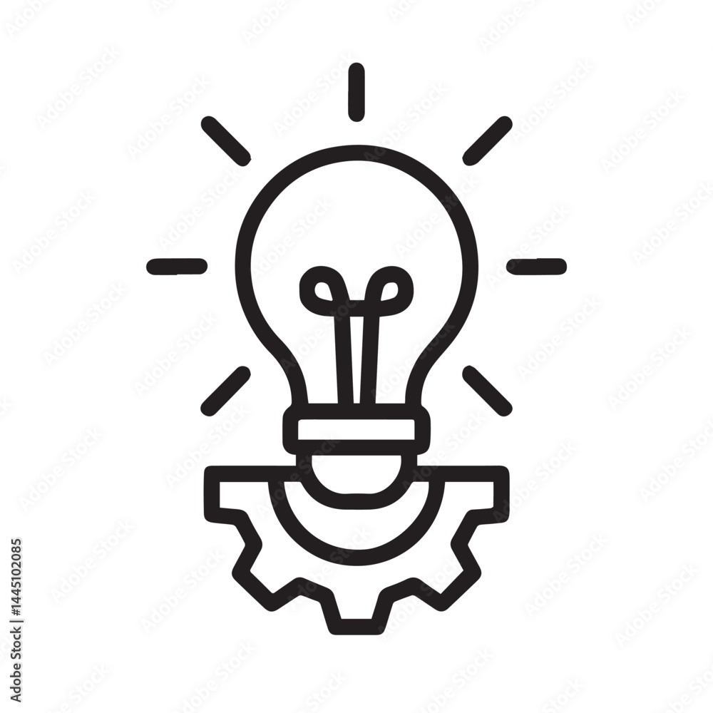 Poster idea and innovation: a minimalist, high-contrast icon depicts a glowing lightbulb atop a gear, repre