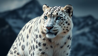Fototapeta premium Majestic Snow Leopard with Striking Blue Eyes Posing Against a Snowy Mountain Backdrop in Winter Scenery Emphasizing its Serene Yet Powerful Presence in its Natural Habitat