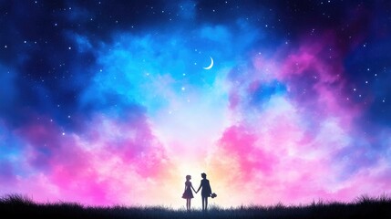Fototapeta premium A couple under a vibrant starry night sky