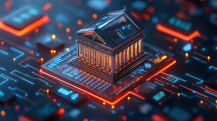Neoclassical Bank on Circuit Board A Symbol of Fintech and Digital Transformation in Banking
