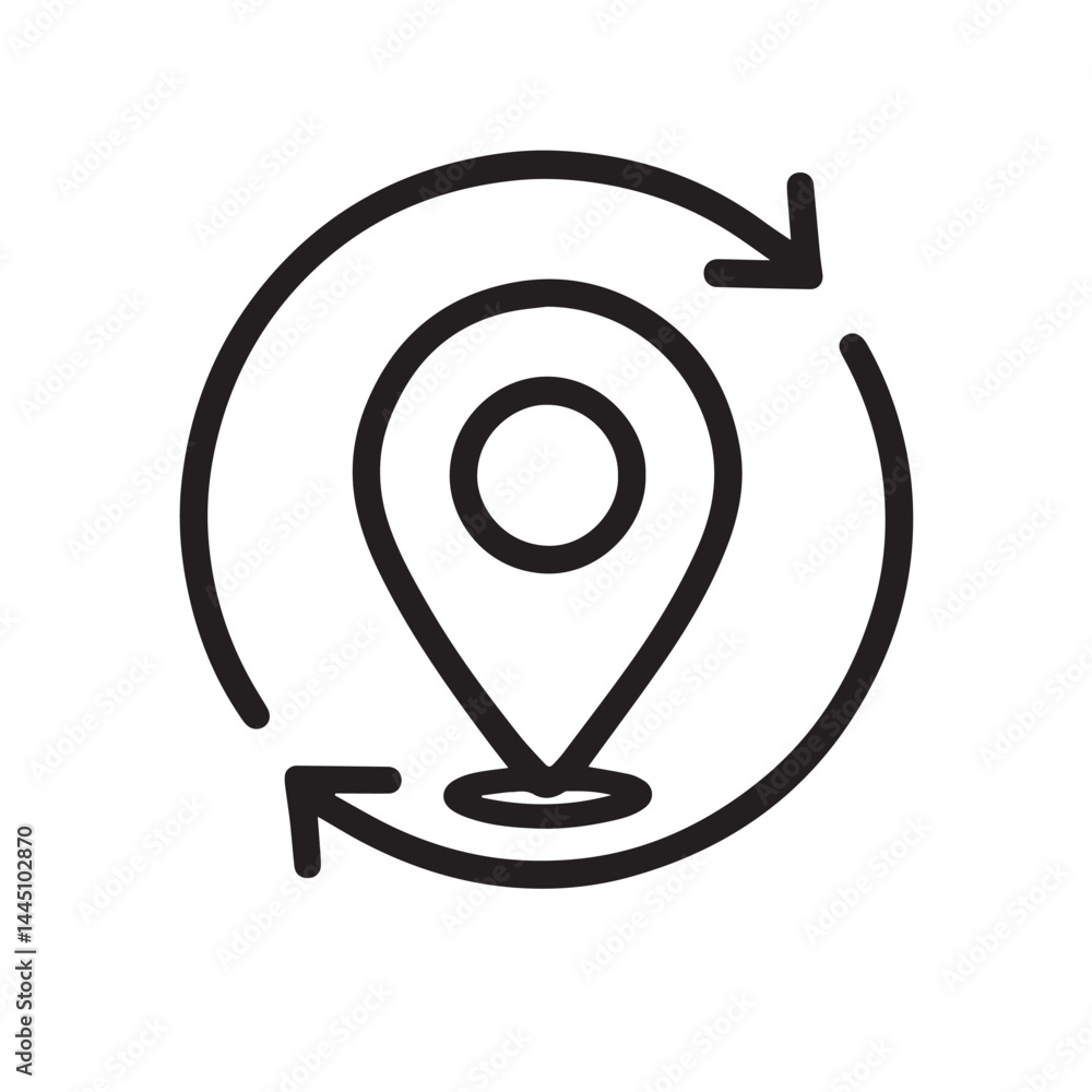 Poster navigational cycle: a minimalist graphic illustration of a location marker encircled by looping arro
