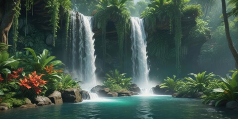 Naklejka premium Emerald waterfall cascades through vibrant tropical flora , humid, shadow, tranquil