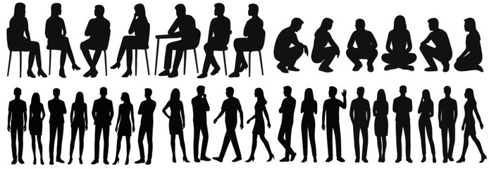 Silhouette vector set of people in various standing, sitting, squatting, and walking poses – men and women, side and front views