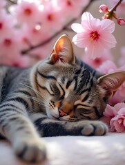 Serene Grey Tabby Cat Sleeping Peacefully Amidst Cherry Blossoms