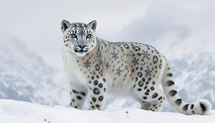 Obraz premium Snow Leopard Standing on Snowy Peak Against Snow Mountains and Cloudy Sky Displaying Winter Wildlife and Natural Beauty