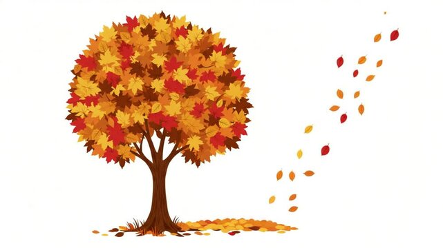 Autumn clipart of a vibrant tree with falling red and orange leaves on a white background