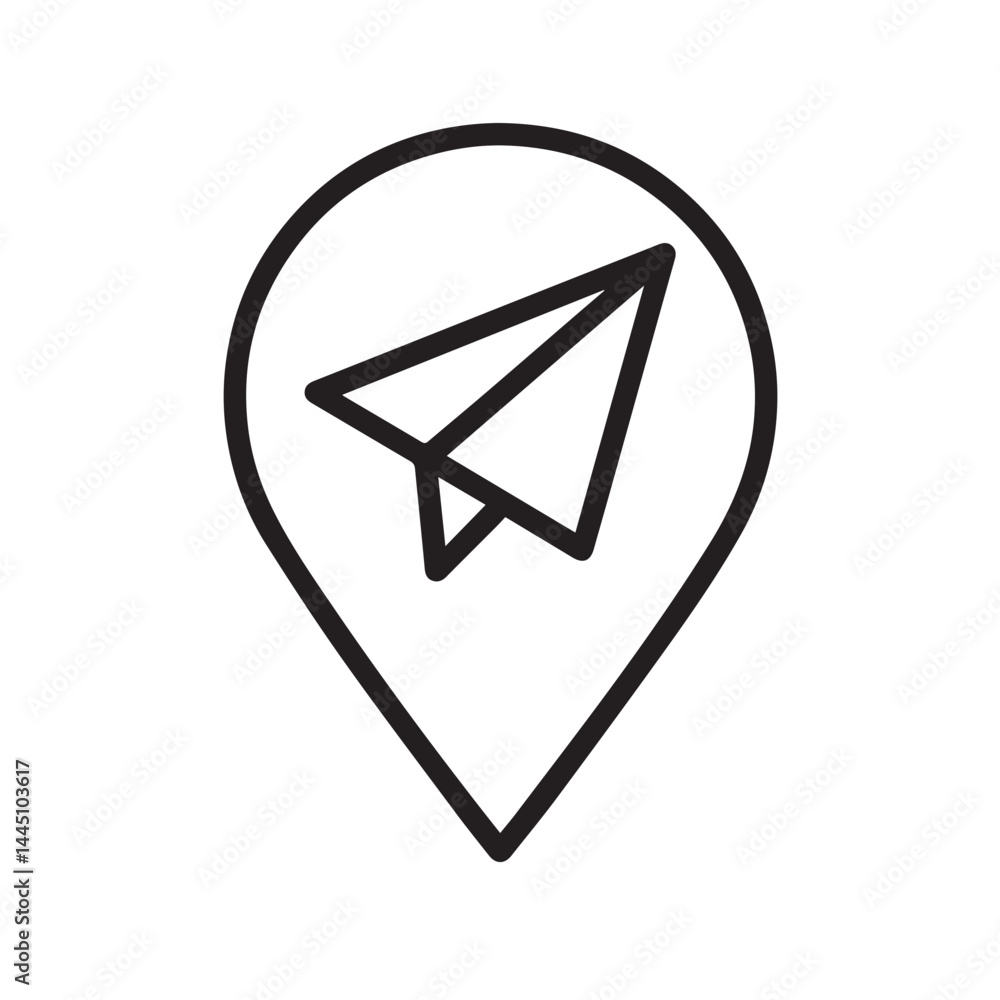 Poster location of idea: a minimalistic vector illustration of a paper airplane icon within a location mark