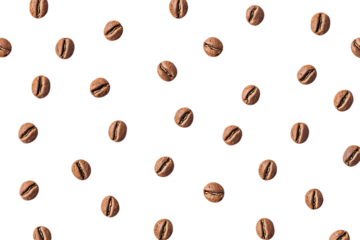 Coffee beans scattered on a black background.  A repeating pattern of coffee beans