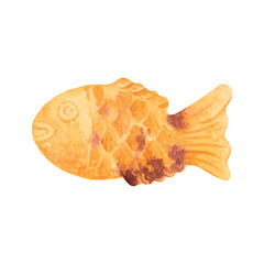 Watercolor illustration of taiyaki or bungeoppang, a fish-shaped snack filled with red bean paste. Perfect for Asian dessert label, menu design, banner, or packaging with a soft and hand-painted look.