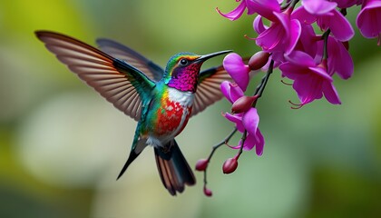 Vibrant Iridescent Hummingbird Sipping Nectar From Pink Orchid Flowers with Soft Green Background Perfect for Decoration or Celebrating the Delicate Balance of Nature
