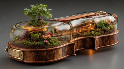 Unique Terrarium with Miniature Landscape Inside Musical Instrument