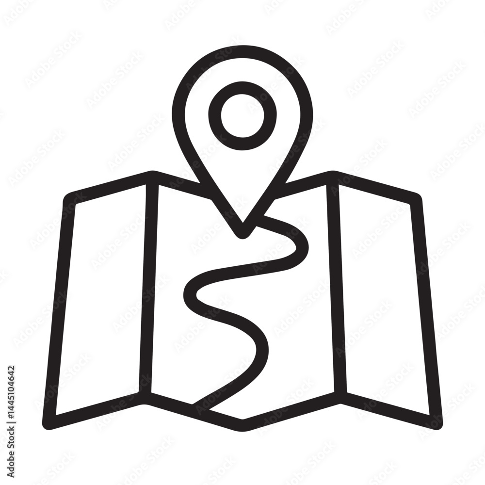 Poster map pin and route: a line-art illustration of a map with a pin marking a location, with a winding ro