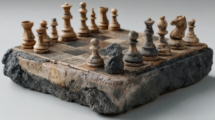 Unique Rustic Chess Set on Textured Stone Board with Natural Finish