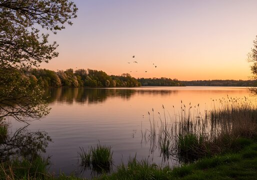 Serene lake at dusk reflecting the glowing sky with silhouetted birds