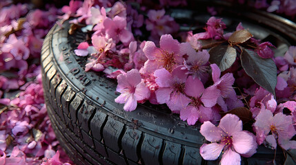 Vibrant Cherry Blossom Petals on a Black Tire Surrounded by Nature