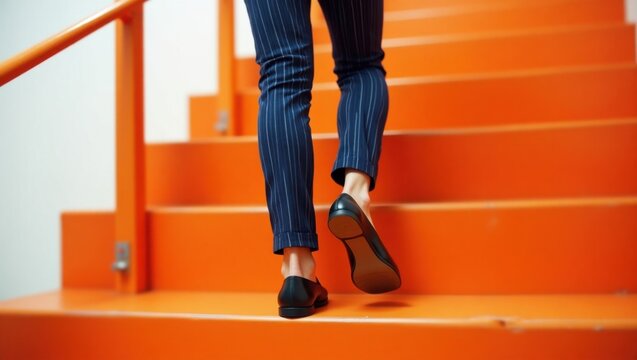 Piernas de una persona con pantalones de negocios subiendo escaleras naranjas