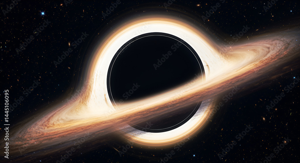 Wall mural black hole with swirling accretion disk against starry backdrop. detailed view of the event horizon 