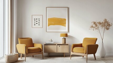 Warm Minimalist Living Room Amber Chairs  Modern Art