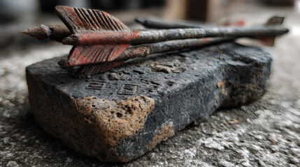 Vintage Archery Equipment with Arrows on a Textured Stone Surface