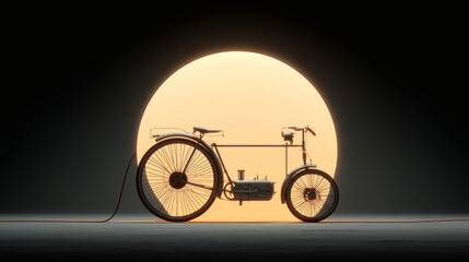 Vintage Bicycle with Engine Against a Sunset Background