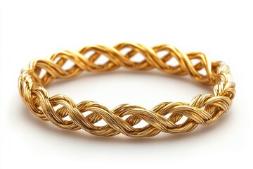 Naklejka premium Luxurious Gold Braid Bracelet Elegant Twisted Design Gleaming Metal Bright White Background