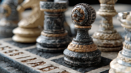 Vintage Chess Pieces on Intricate Board with Unique Detailing