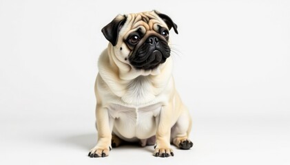 Obraz premium Adorable pug dog sitting, isolated on white background, dog breed, canine, isolated