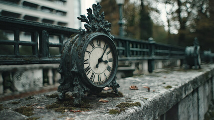 Vintage Clock on Stone Wall Surrounded by Nature in Urban Setting