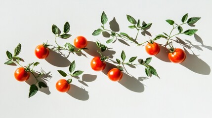 Fresh, vibrant cherry tomatoes with leaves,  natural light