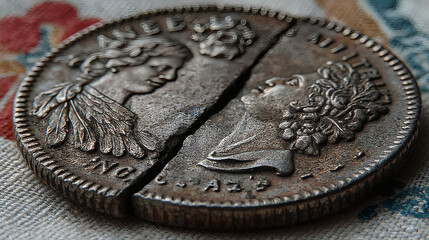 Vintage Coin Split in Half Showing Unique Design and Texture