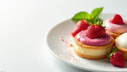 Elegant pastry arrangement, pristine white backdrop, chocolate, whipped cream