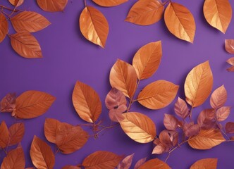 Dry orange metallic leaves, violet backdrop  Geometric autumnal design , graphic, autumn