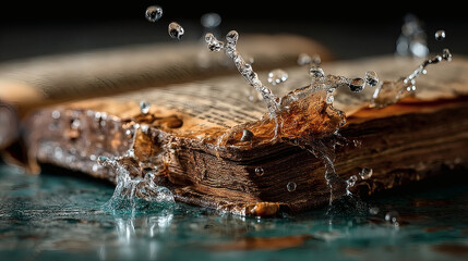 Vintage Book with Water Splash Creating Captivating Visual Effect