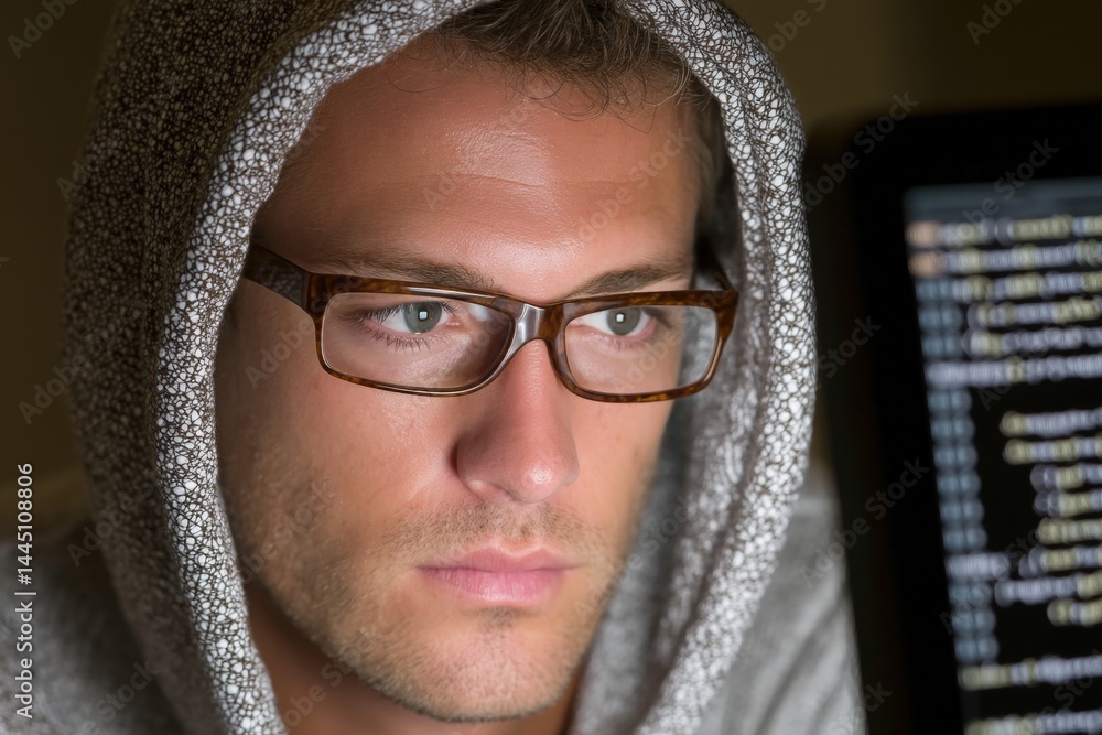 Poster focused individual in a hoodie working on a computer screen.