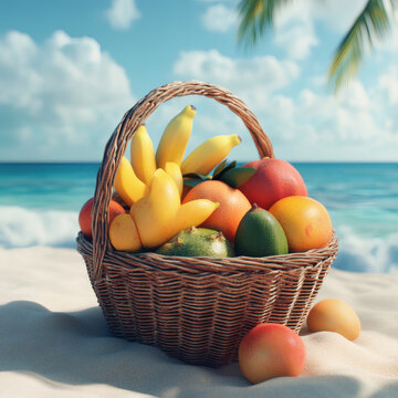 Colorful fruit basket on a beach lifestyle photography