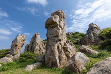 Dramatic rock formations rise majestically against a partly cloudy blue sky, framed by lush green