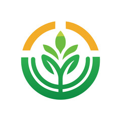 Fototapeta premium Green , stylized logo of a plant growing in the earth, vibrant , minimalist logo featuring a stylized plant sprouting from the earth, depicted by three leaves emerging from a rounded, earth-like 