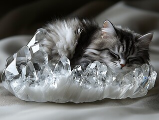A fluffy kitten sleeps soundly nestled atop a large, clear quartz cluster