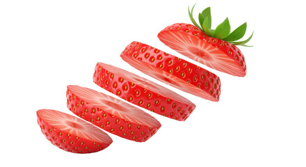 Hyper-realistic floating slices of strawberry in diagonal composition, isolated on transparent png with shadow details